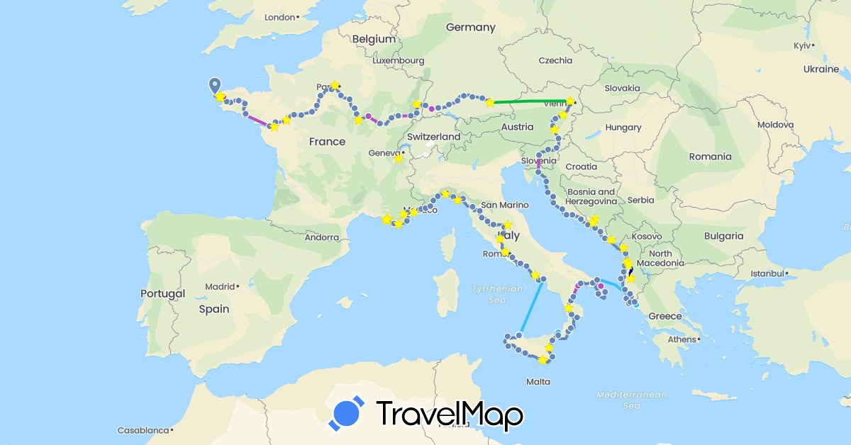 TravelMap itinerary: driving, bus, cycling, train, hiking, boat in Albania, Austria, Bosnia and Herzegovina, Germany, France, Greece, Croatia, Italy, Montenegro, Slovenia (Europe)